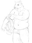 2022 anthro belly bottomwear cettus clothed clothing dressing felid holding_clothing holding_object kliment_glazkov male mammal overweight overweight_anthro overweight_male pants putting_on_clothes saber-toothed_tiger sketch solo standing topless