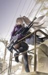  1girl boots cape foot_out_of_frame full_body girls&#039;_frontline_2:_exilium hand_up highres holding holding_weapon knee_boots leg_up leotard long_hair looking_ahead nemesis_(girls&#039;_frontline_2) om_50_nemesis outdoors pantyhose parted_lips ponytail purple_cape purple_eyes rff_(3_percent) scope sitting sitting_on_object solo weapon white_hair 