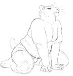 2022 all_fours anthro belly cettus clothed clothing felid grumpy kliment_glazkov male mammal monochrome moobs overweight overweight_anthro overweight_male partially_clothed saber-toothed_tiger sitting sketch solo tail teeth topless topless_anthro topless_male underwear underwear_only