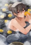  1girl bathing breasts bucket food fruit hair_bun hair_up highres holding holding_food holding_fruit kantai_collection large_breasts looking_at_viewer machi_(ritovoyage) nagato_(kancolle) nude onsen orange_(fruit) parted_lips partially_submerged red_eyes rock single_hair_bun solo steam towel towel_on_head twitter_username water wet wet_hair wooden_bucket 