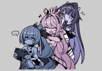  ... 3girls bare_shoulders bronya_zaychik closed_eyes drill_hair drill_ponytail expressionless flying_sweatdrops grey_background grin hair_ornament handheld_game_console highres holding holding_handheld_game_console honkai_(series) honkai_impact_3rd kiana_kaslana long_hair mikaku_(vbvpahw9) multiple_girls musical_note ponytail raiden_mei simple_background smile sweatdrop tying_another&#039;s_hair very_long_hair 