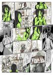  2girls black_hair blood comic epiphany_trebuchet glasses green_skin hazmat_suit highres hokuouran long_hair monster_girl multiple_girls nude scp-811 scp_foundation syringe translated water 