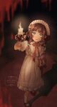  1girl ambiguous_red_liquid artist_name blurry blurry_foreground brown_hair candle chin_strap dark_background doll dress eagle_(reverse:1999) fire frilled_dress frilled_hairband frills full_body gloves green_eyes hairband hand_up highres holding holding_candle holding_doll kanatahiba long_dress looking_at_viewer mary_janes official_alternate_costume open_mouth puffy_short_sleeves puffy_sleeves red_footwear red_ribbon reverse:1999 ribbon shadow shoes short_hair short_sleeves socks solo standing white_dress white_gloves white_hairband white_socks 