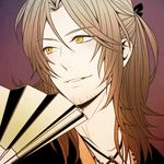  beard brown_hair character_request fan komae0611 long_hair male_focus solo yellow_eyes 