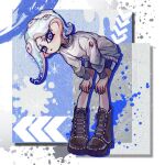  1girl blue_background blue_eyes blue_hair boots brown_footwear commentary cross-laced_footwear eyelashes full_body highres leaning_forward long_legs medium_hair octoling octoling_girl paint_splatter parted_lips shirt short_shorts shorts solo splatoon_(series) splatoon_3 symbol-only_commentary tentacle_hair thenintlichen96 two-tone_background white_background white_shirt 