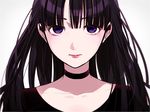  bangs black_hair black_shirt blunt_bangs blurry chisumi choker closed_mouth collarbone commentary_request depth_of_field eyebrows_visible_through_hair lips long_hair looking_at_viewer original portrait purple_eyes shirt solo upper_body 