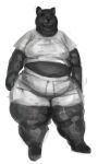 2022 anthro barefoot belly black_and_white bottomwear cettus clothed clothing feet felid female front_view jaguar mammal midriff monochrome obese obese_anthro obese_female overweight overweight_anthro overweight_female pantherine pants partially_clothed serafina_(cettus) shirt shorts solo standing topwear
