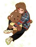  1boy 52210mi9469 animal_ears animal_hood bear_ears bear_tail brown_eyes child denim highres hood jeans long_sleeves looking_at_viewer male_focus original pants red_hair simple_background sitting solo stuffed_animal stuffed_toy tail teddy_bear white_background white_footwear 