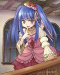  1girl blue_eyes blue_hair bow commentary_request dated dress finger_to_mouth flower frills furudo_erika hat highres lolita_fashion long_hair long_sleeves onyancoppp open_mouth pink_bow pink_dress pink_ribbon puffy_long_sleeves puffy_sleeves ribbon smile solo twintails umineko_no_naku_koro_ni white_ribbon white_sleeves window 