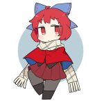  1girl black_footwear black_pantyhose black_shirt blue_bow blush boots bow brown_skirt cape closed_mouth hair_bow ini_(inunabe00) pantyhose pleated_skirt red_cape red_eyes red_hair sekibanki shirt short_hair skirt solo touhou 