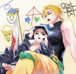  ai_ai_gasa barefoot birthmark black_eyes black_hair blonde_hair chain child covered_nipples dio_brando doodle earrings gakuran genderswap genderswap_(mtf) heart jewelry jojo_no_kimyou_na_bouken knee_pads kuujou_joutarou lipstick makeup open_mouth oversized_clothes paper_hat paper_kabuto red_lipstick school_uniform smile star star_platinum stardust_crusaders the_world tic-tac-toe yatsuji yellow_eyes younger 