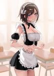  1girl absurdres apron black_ribbon black_skirt blue_eyes blush breasts brown_hair chair chigusa_minori cleavage commentary_request cowboy_shot crop_top cropped_shirt desk detached_sleeves futago_matomete_kanojo_ni_shinai? highres indoors large_breasts looking_at_viewer maid maid_headdress midriff neck_ribbon official_art ribbon school_chair school_desk second-party_source short_hair sidelocks skirt smile solo usami_hikari white_apron 