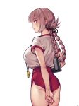  1girl ass back blush braid braided_ponytail breasts buruma fate/grand_order fate_(series) florence_nightingale_(fate) folded_ponytail highres large_breasts long_hair looking_at_viewer looking_back mitsurugi_sugar pink_hair red_buruma red_eyes shirt short_sleeves solo whistle white_shirt 