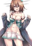  :d bare_shoulders beret black_jacket blue_eyes blush breasts brown_hair collarbone contrapposto cowboy_shot green_hat green_vest groin hair_between_eyes hat headgear jacket kantai_collection large_breasts long_sleeves maya_(kantai_collection) navel off_shoulder open_clothes open_jacket open_mouth pleated_skirt remodel_(kantai_collection) short_hair side_slit simple_background skirt sleeves_past_wrists smile solo standing stomach tai_(nazutai) vest white_background white_skirt 