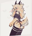 &lt;3 anthro bell bell_collar blush clothed clothing collar female fur hair horn intersex intersex/female legwear long_hair looking_at_viewer onyx_(squawq) partially_clothed solo squawq tail thigh_highs underwear