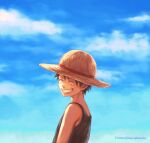  1boy aged_down artist_name bare_shoulders black_hair child clenched_teeth cloud cloudy_sky commentary_request hat male_focus monkey_d._luffy one_piece outdoors scar scar_on_cheek scar_on_face short_hair sky smile solo straw_hat teeth tsuyomaru twitter_username 