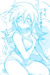 1girl between_breasts breasts cleavage collarbone covered_nipples dark_magician dark_magician_girl duel_monster flying_sweatdrops highres large_breasts long_hair looking_at_viewer misaka_(missa) monochrome open_mouth sitting sketch solo tank_top thighs translation_request white_background yu-gi-oh! 