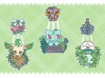 ambiguous_gender berry bulbasaur claws eeveelution elemental_creature eyes_closed feral flora_fauna flower food fruit generation_1_pokemon generation_4_pokemon generation_7_pokemon green_body group leafeon nintendo paws plant pokemon pokemon_(species) rowlet smile trio vaahlkult