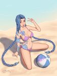  1girl :p absurdres alternate_breast_size alternate_costume arm_tattoo artist_name ball beach beachball bikini braid cloud_tattoo highres jinx_(league_of_legends) league_of_legends legs_apart long_hair looking_at_viewer nail_polish ocean pink_bikini shio_aw shoulder_tattoo solo stomach_tattoo swimsuit tattoo tongue tongue_out twin_braids twintails v very_long_hair 