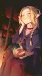  1girl absurdres blonde_hair blue_capelet blue_robe bowl braid capelet closed_eyes closed_mouth dungeon_meshi eating elf food hair_ribbon hand_on_own_cheek hand_on_own_face highres imori_(imori7) log marcille_donato meat multiple_braids night outdoors pointy_ears red_ribbon ribbon robe sitting solo steam 