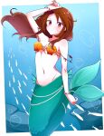  1girl arm_up blush bracelet breasts brown_hair character_request cleavage closed_mouth copyright_request enkichi_totan fins gem highres jewelry long_hair looking_at_viewer marine_day navel necklace pearl_(gemstone) pearl_bracelet pearl_necklace red_eyes scales shell shell_bikini small_breasts solo underwater 