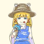  1girl :p blonde_hair blue_eyes blue_skirt blue_vest blunt_bangs blush_stickers cirno hair_ornament hat ice_cream_cone long_hair looking_at_viewer moriya_suwako numenoko pyonta shirt simple_background skirt tongue tongue_out touhou upper_body vest white_background white_shirt wide_sleeves x_hair_ornament 