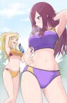  2girls armpits bikini blonde_hair breasts brown_hair glasses hair_ribbon hand_on_own_hip highres idolmaster idolmaster_cinderella_girls large_breasts long_hair medium_breasts multiple_girls navel ohtsuki_yui open_mouth ponytail purple_bikini purple_eyes ribbon smile sports_bikini sports_bra swimsuit thighs underboob wavy_hair yagami_makino yama_tatsuo yellow_bikini 