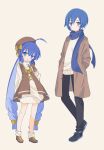  1boy 1girl 7takada :o ahoge arm_behind_back beret black_pants blue_eyes blue_hair blue_scarf blush bow braid brown_coat brown_gloves brown_vest coat cross-laced_footwear dress full_body gloves hair_bow hand_up hands_in_pockets hat height_difference highres kaito_(vocaloid) long_hair long_sleeves looking_at_viewer low-braided_long_hair otomachi_una pants scarf shoes short_hair sidelocks simple_background sneakers socks sweater sweater_dress turtleneck turtleneck_sweater twin_braids twintails very_long_hair vest vocaloid white_background white_socks white_sweater yellow_bow yellow_footwear 