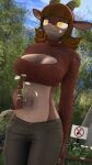 3d_(artwork) 4k absurd_res anthro ball big_breasts bovid breasts caprine cleavage cleavage_cutout clothed clothing digital_media_(artwork) donglysfm eating female flower goat hi_res horizontal_pupils horn mammal nina_(donglysfm) outside plant pupils revamped_anthros solo sweater_top tennis_ball