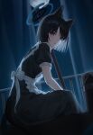  1girl 1yu_x alternate_costume animal_ears apron black_dress black_eyes black_hair blue_archive blue_halo cat_ears cat_tail dress enmaided frilled_apron frills halo highres kikyou_(blue_archive) looking_at_viewer maid maid_apron multiple_tails short_hair short_sleeves solo tail two_tails white_apron 