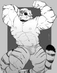 2023 abs anthro artist_name biceps black_and_white clothed clothing eye_patch eyewear facial_hair felid flexing flexing_bicep fur goatee grey_background greyscale hi_res male mammal merfiller monochrome mr._blake_(rybiok) muscular muscular_anthro muscular_male muscular_thighs navel nipples pantherine pecs pose simple_background smile solo standing striped_body striped_fur stripes tiger triceps underwear underwear_only