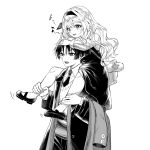  1boy 1girl alternate_costume alternate_hairstyle caramelo_game carrying commentary_request contemporary genshin_impact greyscale height_difference highres jacket long_hair monochrome nahida_(genshin_impact) open_clothes open_jacket scaramouche_(genshin_impact) short_hair shoulder_carry simple_background 