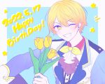  1boy :d ascot blue_background blue_jacket blush border collared_shirt dated flower grin hair_between_eyes happy_birthday highres holding holding_flower jacket lapels long_sleeves looking_at_viewer male_focus multicolored_clothes multicolored_jacket neck_ribbon notice_lines one_eye_closed open_mouth orange_eyes orange_hair pnyo_emc project_sekai purple_ascot ribbon shirt short_hair sidelocks simple_background smile solo star_(symbol) teeth tenma_tsukasa tulip two-tone_jacket upper_body v-shaped_eyebrows white_border white_jacket white_shirt yellow_flower yellow_ribbon yellow_tulip 