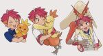  1boy blaziken blush closed_mouth combusken crispin_(pokemon) gloves highres holding jacket konoooc multicolored_hair one_eye_closed open_mouth pokemon pokemon_(creature) pokemon_sv red_hair shirt short_hair smile torchic two-tone_hair white_shirt yellow_eyes 