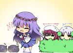  3girls :d ^_^ angel_beats! beret blue_skirt blush bush camera chibi chibi_only closed_eyes closed_mouth commentary_request drumsticks eyes_visible_through_hair green_eyes hair_between_eyes happy hat heaven_burns_red hiding highres holding holding_camera holding_drumsticks irie_miyuki jitome long_hair long_sleeves looking_at_another motion_lines multiple_girls nakamura_yuri neckerchief open_mouth pink_neckerchief purple_hair sekibaracheice shinda_sekai_sensen_uniform shirt simple_background skirt smile split_mouth standing tachibana_kanade very_long_hair video_camera white_hair white_headwear white_shirt yellow_background yellow_eyes 