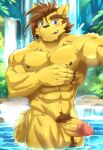 abs anthro blue_eyes brown_eyebrows brown_hair bulge canid canine canis clothed clothing eyebrows hair hi_res male male/male mammal muscular muscular_anthro muscular_male silvertain solo wolf