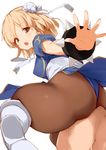  1girl ass bad_anatomy blue_dress boots bracelet brown_legwear bun_cover chun-li chun-li_(cosplay) cosplay djeeta_(granblue_fantasy) double_bun dress foreshortening from_behind girl_on_top granblue_fantasy jewelry kaisen_chuui knee_boots outstretched_arms pantyhose puffy_short_sleeves puffy_sleeves short_sleeves simple_background sitting sitting_on_face sitting_on_person spiked_bracelet spikes spread_legs street_fighter white_background white_footwear 