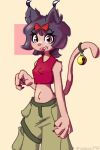 anthro azur746 bell bell_collar belly belly_fur black_hair bottomwear bow_ribbon cargo_pants claws clothed clothing collar domestic_cat felid feline felis female hair hybrid lynx mammal pants red_eyes simple_background smile solo