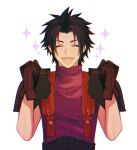  1boy armor belt black_belt black_hair brown_gloves clenched_hands closed_eyes crisis_core_final_fantasy_vii d8j0j fang final_fantasy final_fantasy_vii gloves hands_up happy highres male_focus open_mouth parted_bangs pauldrons purple_sweater short_hair shoulder_armor simple_background skin_fang sleeveless sleeveless_turtleneck solo sparkle spiked_hair suspenders sweater turtleneck upper_body white_background zack_fair 