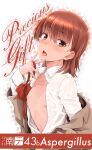  1girl absurdres blush bow bowtie brown_eyes brown_hair comiket_97 commentary_request cover cover_page doujin_cover flat_chest highres jacket looking_at_viewer misaka_mikoto nipples no_bra off_shoulder okara open_clothes open_jacket open_shirt red_bow red_bowtie short_hair solo toaru_kagaku_no_railgun toaru_majutsu_no_index tongue tongue_out unworn_bowtie upper_body v 
