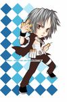  abstract_background bandage belt black_shoes checkered_background chibi dynamite full_body gokudera_hayato katekyo_hitman_reborn! male_focus mouth_hold necklace open_clothes open_shirt short_sleeves silver_eyes silver_hair solo white_belt wristband 