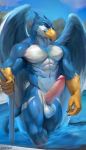  2019 anthro avian balls beak big_penis blue_feathers chunie circumcised claws clothed clothing detailed_background digital_media_(artwork) erection feathered_wings feathers gryphon hi_res huge_penis humanoid_penis looking_at_viewer male muscular muscular_male nude partially_submerged penis smile solo standing swimming_pool vein veiny_penis wet white_feathers wings 