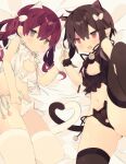  2girls animal_ear_fluff animal_ears bare_arms bare_shoulders bed_sheet bell black_bra black_panties black_thighhighs blush bow bra brown_eyes brown_hair cameltoe cat_cutout cat_ear_panties cat_ears cat_girl cat_lingerie cat_tail cleavage_cutout clothing_cutout earrings fang frilled_bra frills groin hair_between_eyes hair_bow hand_grab highres jewelry jingle_bell kemonomimi_mode meme_attire mimo_lm multiple_girls navel neck_bell open_mouth original panties pointy_ears red_eyes red_hair side-tie_panties spread_legs stud_earrings tail thighhighs translation_request twintails underwear underwear_only wavy_mouth white_bow white_bra white_panties white_thighhighs 