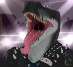 anthro dinosaur hi_res male reptile rocco_(tallion) scalie sharp_teeth solo spiked_jacket spikes spikes_(anatomy) teeth theropod tongue tongue_out tyrannosaurid tyrannosaurus tyrannosaurus_rex vraze