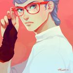  adjusting_eyewear blue_eyes blue_hair from_side ghiaccio glasses gloves highres ilya_kuvshinov_(style) jojo_no_kimyou_na_bouken male_focus meron_nouka partly_fingerless_gloves signature solo upper_body 