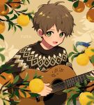  1boy animal arisa_(aren) bird black_eyes black_sweater blush branch brown_hair commentary_request eyes_visible_through_hair food fruit green_eyes guitar highres holding holding_guitar holding_instrument instrument leaf lemon long_sleeves looking_at_viewer male_focus messy_hair music open_mouth orange_(fruit) original playing_instrument short_hair signature smile solo sweater upper_body 