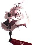  1girl adipocere_(vocaloid) andou_(and_y_u) arched_back arm_up bloom boots closed_eyes collared_shirt commentary_request dancing dress floating_hair frilled_dress frills full_body fur-trimmed_jacket fur_trim hair_half_undone hair_ribbon highres jacket knee_boots long_hair long_sleeves lyrics neck_ribbon open_clothes open_jacket open_mouth pantyhose ribbon shadow shirt simple_background smile solo standing standing_on_one_leg tearing_up torch twintails vocaloid white_background 