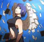  1girl bare_shoulders black_shirt blue_hair blue_sky breasts commentary crying crying_with_eyes_open flower flower_on_head hair_bun hair_flower hair_ornament konan_(naruto) labret_piercing medium_breasts midriff naruto_(series) navel navel_piercing open_clothes open_mouth open_shirt paper piercing purple_flower purple_rose rose shirt short_hair single_hair_bun sky sleeveless solo stomach straight_hair tears user_fdrt8555_(ajisai) wings yellow_eyes 