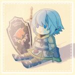  armor bloom blue_eyes chainmail character_doll closed_mouth final_fantasy final_fantasy_xiv haurchefant_greystone no_humans shield simple_background sitting smile stuffed_toy sword weapon wuze_zeei 