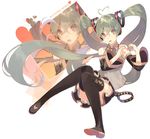  ahoge black_footwear black_legwear boots detached_sleeves full_body green_hair hatsune_miku heart heart_ahoge heart_hands long_hair looking_at_viewer necktie open_mouth orange_eyes pig_ggul skirt solo tattoo thigh_boots thighhighs twintails very_long_hair vocaloid white_background 